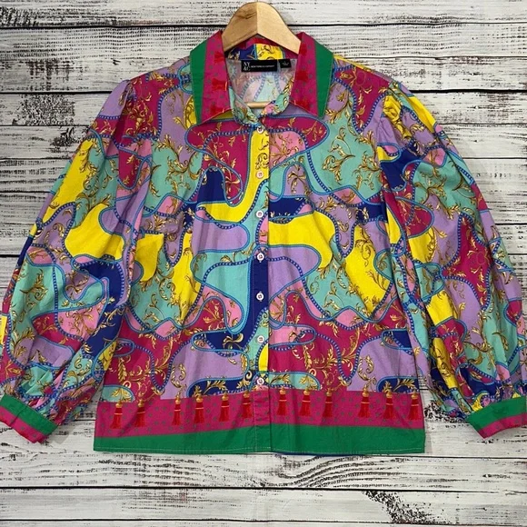 New York & Company Vibrant Multicolor Puff Sleeves Blouse Sz. L - Picture 1 of 8